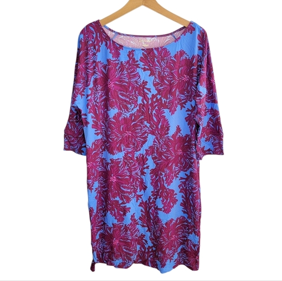 Lilly Pulitzer | ChillyLilly Braedyn UPF50+ Burgundy Blue Floral Shift Dress - Picture 1 of 8